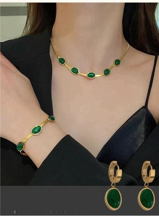 Oval Green Crystal Necklace & Bracelet Set | Gold Plated Jewelry for Women | Free & Fast Delivery India